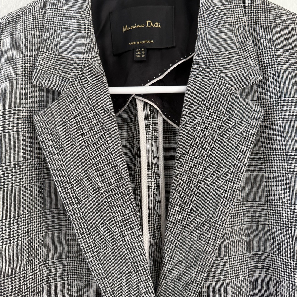 Massimo Dutti Elegant Gray Blazer Size 10 Linen Plaid Jacket - Picture 2 of 15
